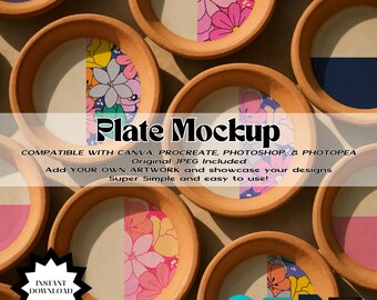 Pottery Plate Mockup Canva Photoshop Procreate Digital Download | Round Terracotta Pot Plates Editable Template Mock Up File Design JPG PSD