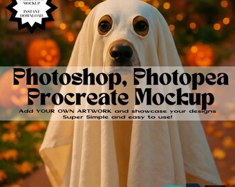 Halloween Dog Photoshop Procreate Mockup | Pet Ghost Costume | Editable Template Fabric Seamless Pattern Mock Up Digital Download 4 Artwork