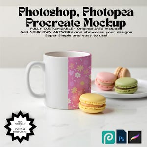 May include: A white coffee mug with a floral design, next to colorful macarons on a white plate. The mug is part of a mockup, with text that reads "Photoshop, Photopea, Procreate Mockup".