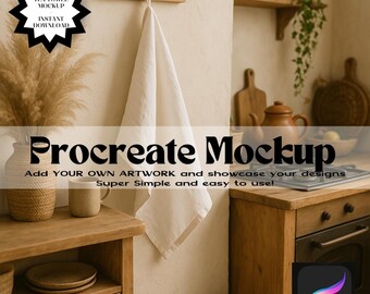 Maqueta de paño de cocina colgante para Procreate / Decoración de cocina bohemia neutra / Descarga digital: 4 diseños de patrones sin costuras, impresión y sublimación en toda la superficie