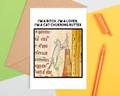 Funny Medieval Art Greeting Card - Cat Churning