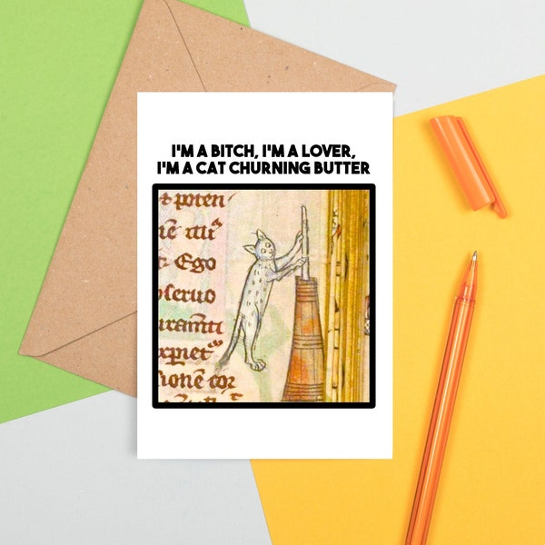 Funny Medieval Art Greeting Card - Cat Churning