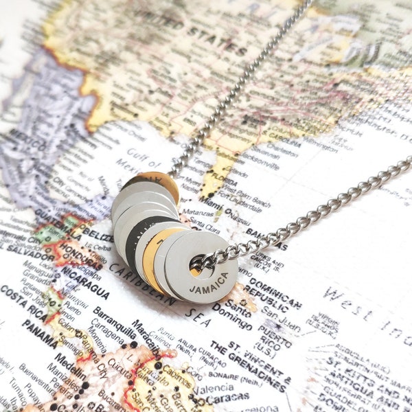 World Travel Necklace, Travel Keepsake, Country Charm Tag Necklace, Wanderlust Jewelry, Best Gift For Travelers, Country Name Necklace