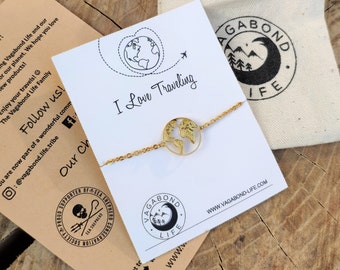 World Map Bracelet: 18K Gold Plated Stainless Steel Travel Jewelry