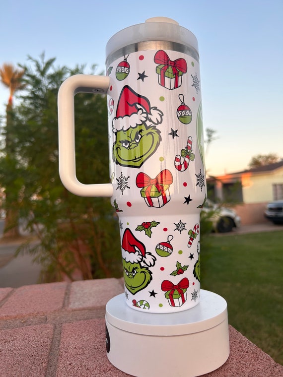 40 oz Tumbler with Handle and Lid, Grinch Tumbler, Grinch Tumbler Cup,  Insulated Tumblers, Stainless Steel Tumblers Cup with Grinch Pattern,  Grinch