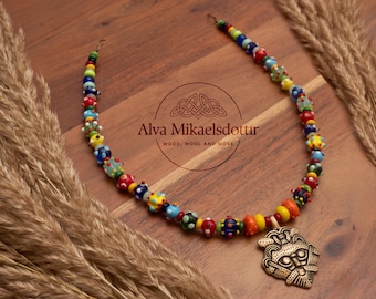 Collar, cadena de broche, joyería medieval, colgante histórico, idea de regalo, recreación histórica, vikingo, broche de bronce macizo, réplica, cuentas de vidrio