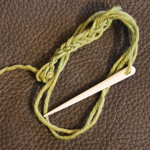 May include: A white plastic sewing needle threaded with a length of light green yarn. The yarn is looped and features a section of braided or crocheted stitches, with the needle positioned diagonally across the centre of the green yarn loop.