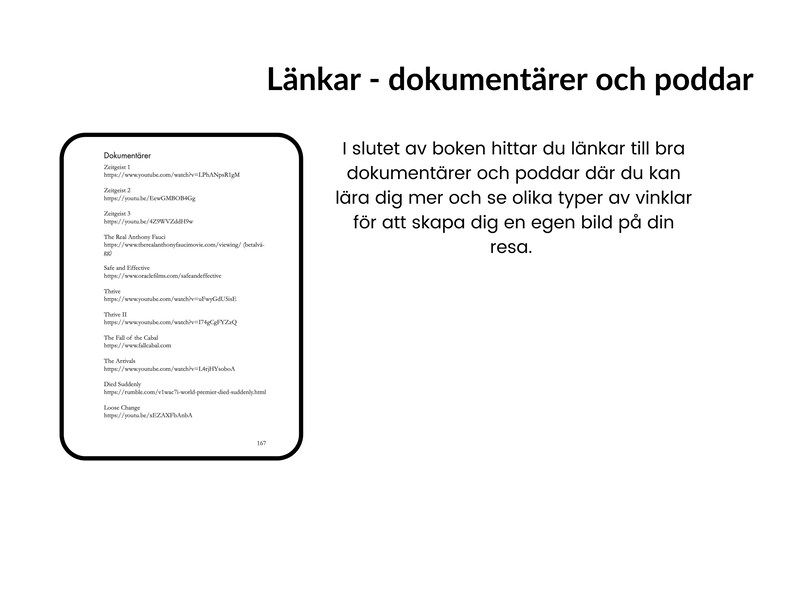 Puede incluir: Una p&aacute;gina de un libro con el t&iacute;tulo "Enlaces - Documentales y Podcasts" y una lista de enlaces a documentales y podcasts. El texto dice "Al final del libro encontrar&aacute;s enlaces a buenos documentales y podcasts donde puedes aprender m&aacute;s y ver diferentes tipos de &aacute;ngulos para crear tu propia imagen de tu viaje."