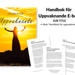 Puede incluir: Una portada de libro con una silueta de una persona con los brazos levantados contra una puesta de sol amarilla. El t&iacute;tulo del libro es "Handbok for Uppvaknande", que se traduce como "Manual para el despertar". El subt&iacute;tulo es "Ebok "Handbok for uppvaknande"".
