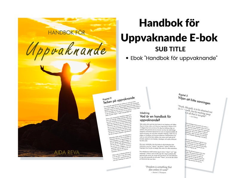 Puede incluir: Una portada de libro con una silueta de una persona con los brazos levantados contra una puesta de sol amarilla. El t&iacute;tulo del libro es "Handbok for Uppvaknande", que se traduce como "Manual para el despertar". El subt&iacute;tulo es "Ebok "Handbok for uppvaknande"".