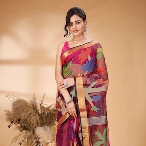 Handwoven Muslin Jamdani Saree with Blouse: Reshom Handwork Dhakai Sari