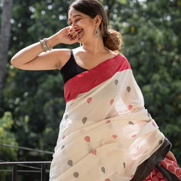 Bengal's Handloom Pure Cotton Saree-White Saree-Traditional Saree -Soft Saree- Khadi Saree With Blouse Piece-Cotton Sari-Gift For Her