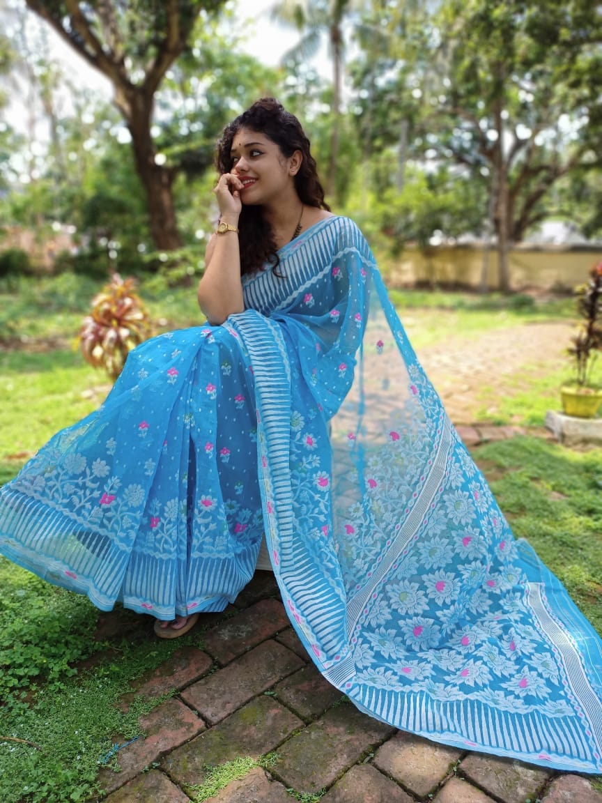 cotton sky blue saree