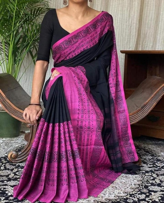 black cotton saree with pink border