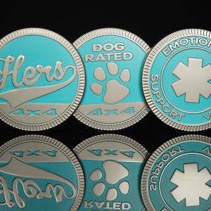 Turquoise Blue Collection | Matte Silver | Metal Badge | Dog Rated, Hers, Emotional Support Vehicle