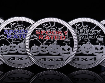 Spooky Rated | Matte Silver | Metallic Fender Badge | Orange, Purple, Red, Black, Green