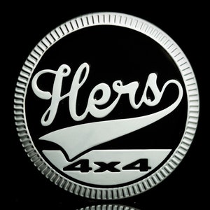 Hers Not His Jeep Badge: Matte Silver Metal Emblem