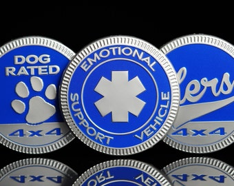 Blue Collection | Matte Silver | Metal Badge | Dog Rated, Hers, Emotional Support Vehicle