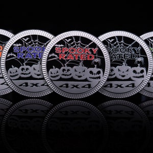 Spooky Rated | Matte Silver | Metallic Fender Badge | Orange, Purple, Red, Black, Green