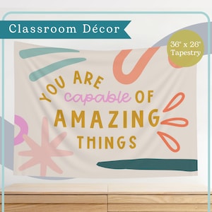 You Are Capable of Amazing Things Classroom Tapestry | Elementary School Decor |  Wall Hanging Poster Horizontal - Bright + Funky