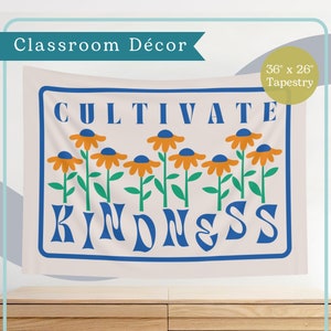 Cultivate Kindness Classroom Tapestry | Elementary School Décor | Encouraging Middle School Wall Décor | Vintage, Retro Theme Poster
