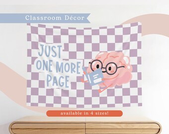 Just One More Page Classroom Tapestry | Elementary School Purple Book Decor | English Teacher | Librarian | Soft Pastel Theme Poster