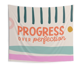 LARGE Progress Over Perfection Classroom Tapestry | Elementary School Décor |  Wall Hanging Poster Horizontal - Bright + Funky