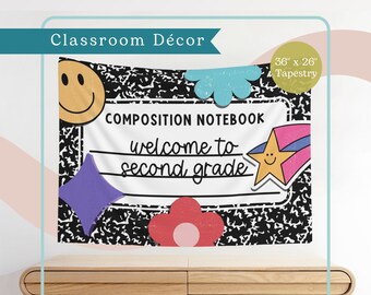 Bienvenido al cuaderno de composición de segundo grado Tapiz para aula / Decoración escolar retro / Maestro de primaria / Tapiz horizontal para colgar en la pared