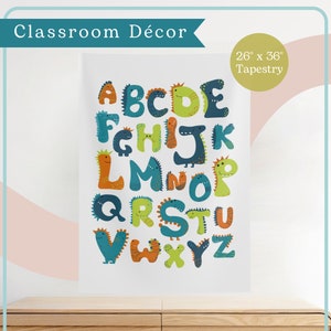 Alphabet Dinosaur Classroom Tapestry | Elementary School Decor | Playroom Wall Decor | School ABC Poster | Wall Hanging Vertical