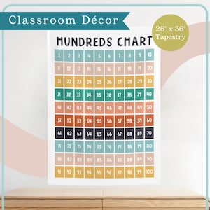 Wandtapijt met honderden kaarten | Boho-kleuren | Basisschooldecoratie | Schoolmuurdecoratie | Wiskundige poster