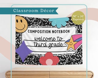 Bienvenido al cuaderno de composición de tercer grado Tapiz para aula / Decoración escolar retro / Maestro de primaria / Colgante de pared horizontal