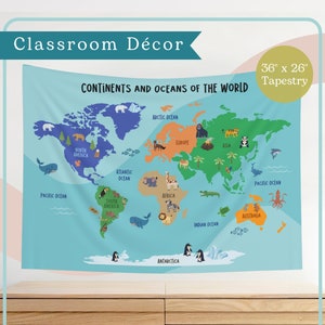 Animal World Map Classroom Tapestry | Elementary School Decor | Playroom Wall Decor | Social Studies Poster | Wall Hanging Vertical