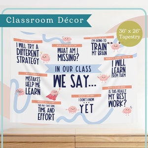May include: A white tapestry with the text "Classroom Décor" and inspirational phrases like "I will try a different strategy." The tapestry is 91 x 66 cm and features cartoon brains. The tapestry is designed for a classroom setting.