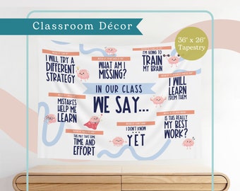 Growth Mindset Classroom Tapestry | In Our Class We Say Poster | Elementary School Decor |  Wall Hanging Poster Horizontal
