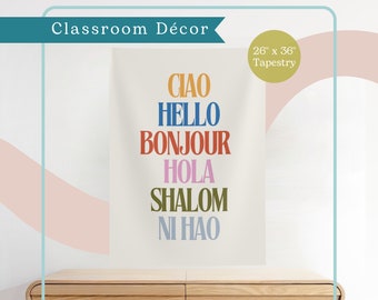 Hello in Different Languages Classroom Tapestry | Fun, Print Décor | Elementary School Teacher | Retro, Inclusive Poster Print