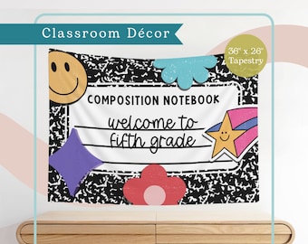 Bienvenido al cuaderno de composición de quinto grado Tapiz para aula / Decoración escolar retro / Maestro de primaria / Tapiz horizontal para colgar en la pared