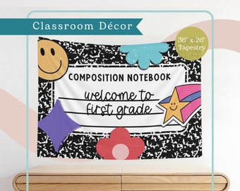Bienvenido al cuaderno de composición de primer grado Tapiz para aula / Decoración escolar retro / Maestro de primaria / Colgante de pared horizontal