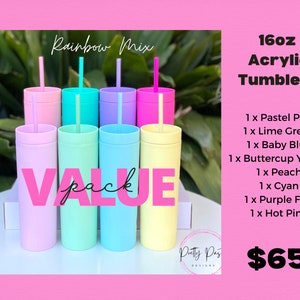 Rainbow Mix (8 Pack) - Acrylic Tumbler with Straw - 16oz/470ml - Tumbler Blank - Party Bag - Party Favour - Kids Party Bags