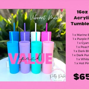 Vibrant Mix (8 Pack) - Acrylic Tumbler with Straw - 16oz/470ml - Tumbler Blank - Wholesale Craft Blank