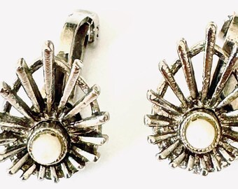Boucles d'oreilles clip art déco en métal argenté vintage, perles d'eau douce en étoile