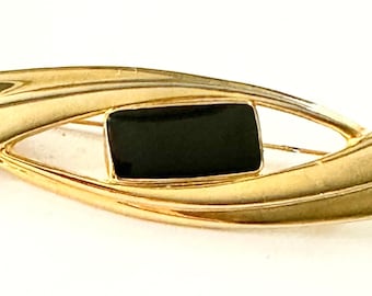 Ladies 1980'S Polished Gold Tone , Black Enamel Deco Styled  Sleek dress Brooch Pre Owned Vgc