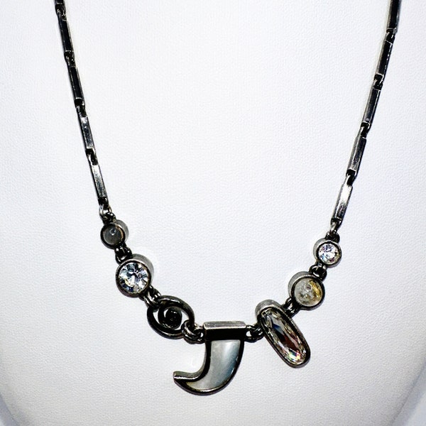 Dyrberg Kern Vintage gunmetal Silver link Necklace with added charm like details and MOP tusk , pre owned