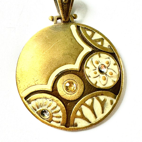 A Vintage Round Medallion Like Pendent , With Enamel And Crystal Detail, Pre Owned G/C