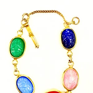 Vintage Egyptian Scarab Beetle Art Glass Jewels Engraved Gold Plate  link Bracelet with safety chain