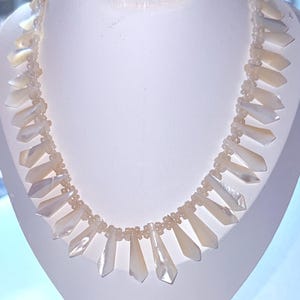 Vintage/Antique Hand Carved Mother of Pearl Picket and Bead Fringe Necklace/Choker - 1930&#39;s Art Deco - brass clasp, VGC