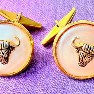 Vintage  Mother Of Pearl Gold tone Damascene Bull Torous Cufflinks pre owned