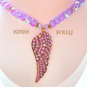 Stunning Signed Kirks Folly Fly Home Angel Wing Ab Crystal Necklace (Boxed) amethyst tone VVGC