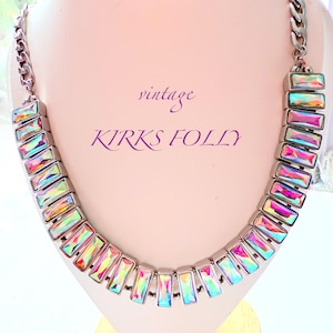 Lovely Signed Kirks Folly Essentials, BAGUETTE cut  Ab Crystal Silver Tone Necklace with Curb chain