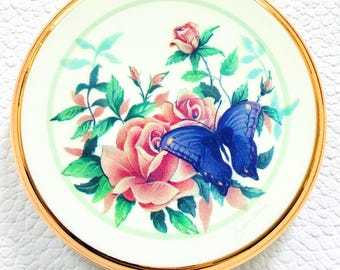 Vintage 1990s Stratton Convertible Powder Compact – Pink Roses & Blue Butterfly – Near Mint