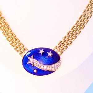 Vintage Joan Collins Dynasty Gold Plate Panther Chain  And Shooting Star Blue Enamel Clear Rhinestone Necklace